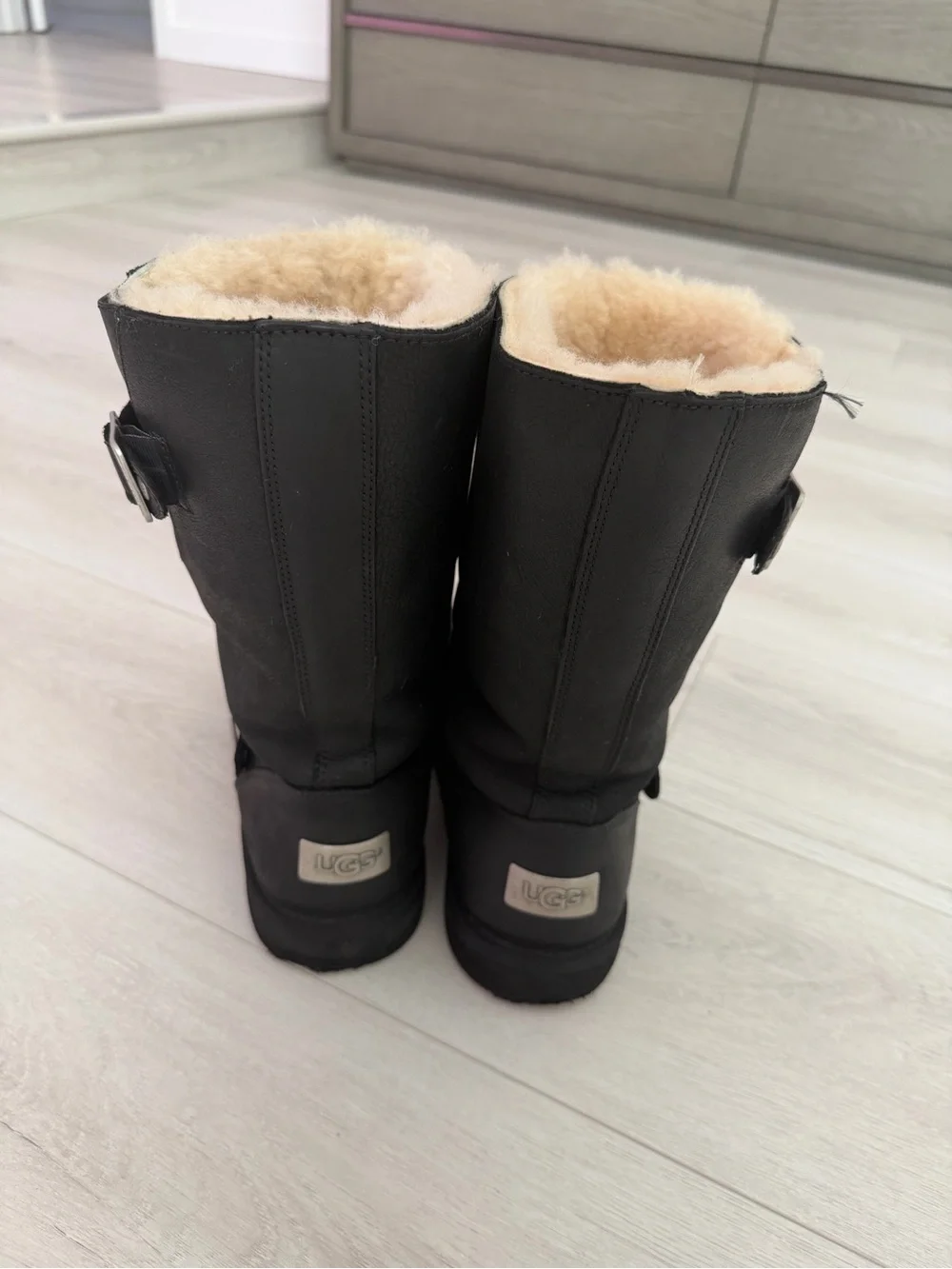 UGG Black Leather Mid-Calf Buckle Boot